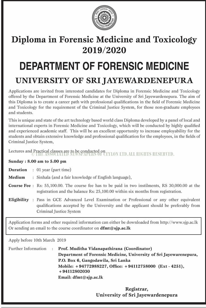 Diploma in Forensic Medicine & Toxicology - Department of Forensic Medicine - University of Sri Jayewardenepura